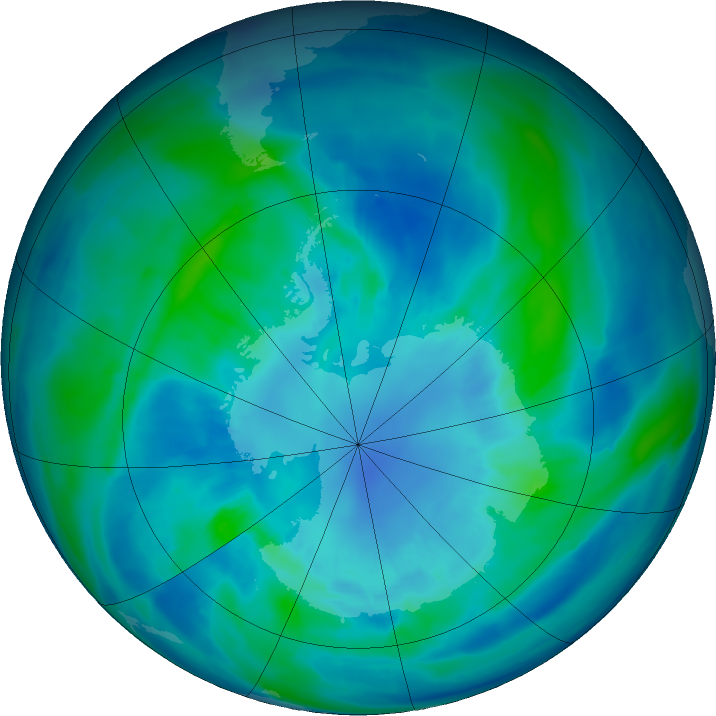 Antarctic ozone map for 06 April 2016